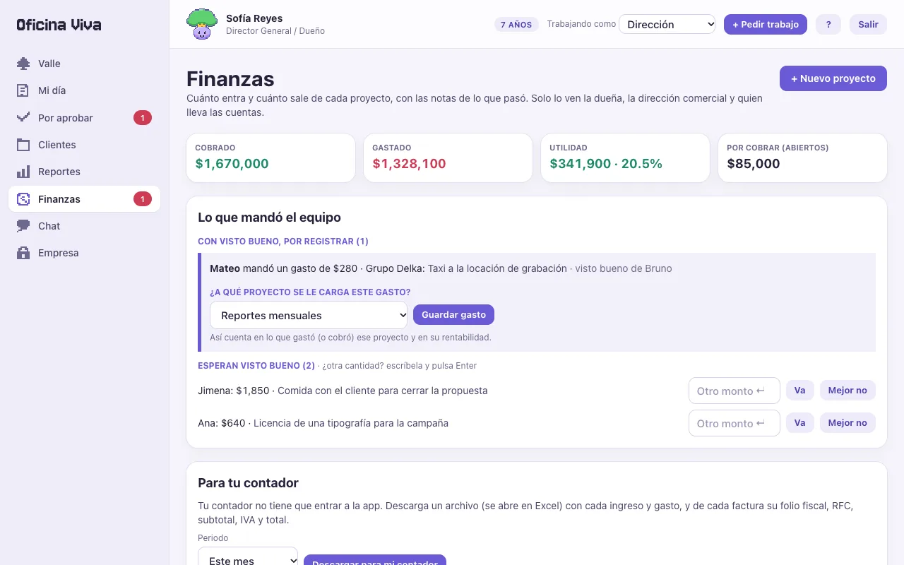 Pantalla de finanzas por proyecto con presupuesto y gastos